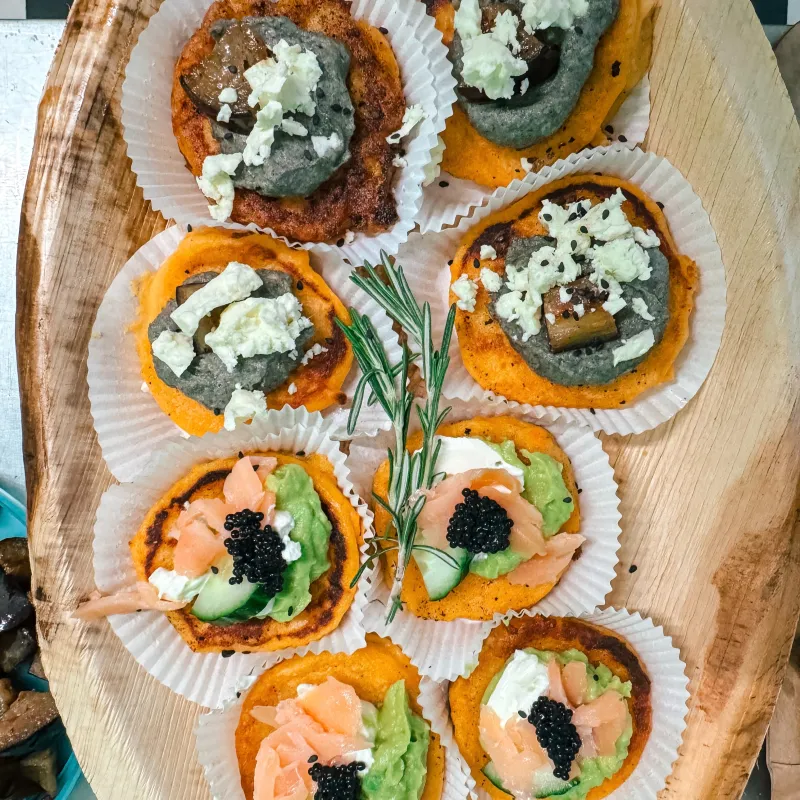 Sweet potato pancakes with avocado, curcuma hummus, tomato salsa, aubergine and feta & Sweet potato pancakes with avocado, cream cheese, salmon and algae caviar