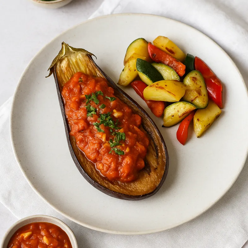 Gebackene Aubergine Natural Stil -mit Tomaten-Cashew-Sugo & Grillgemüse