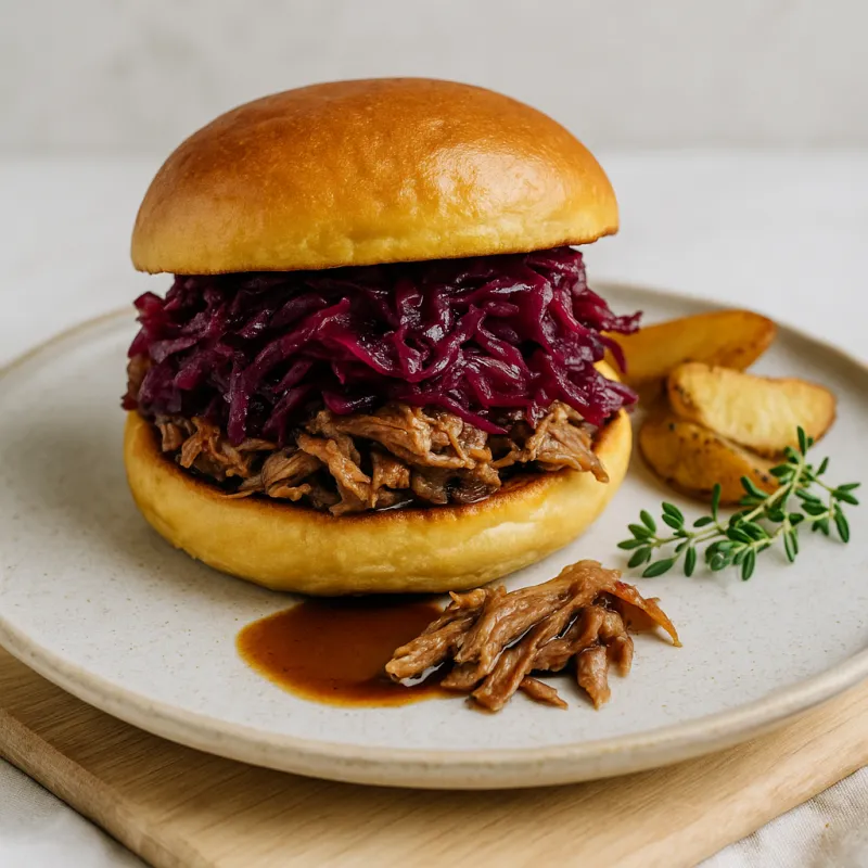 Pulled Goose Burger (Kartoffelbrioche, hausgemachter Rotkohl und Jus)