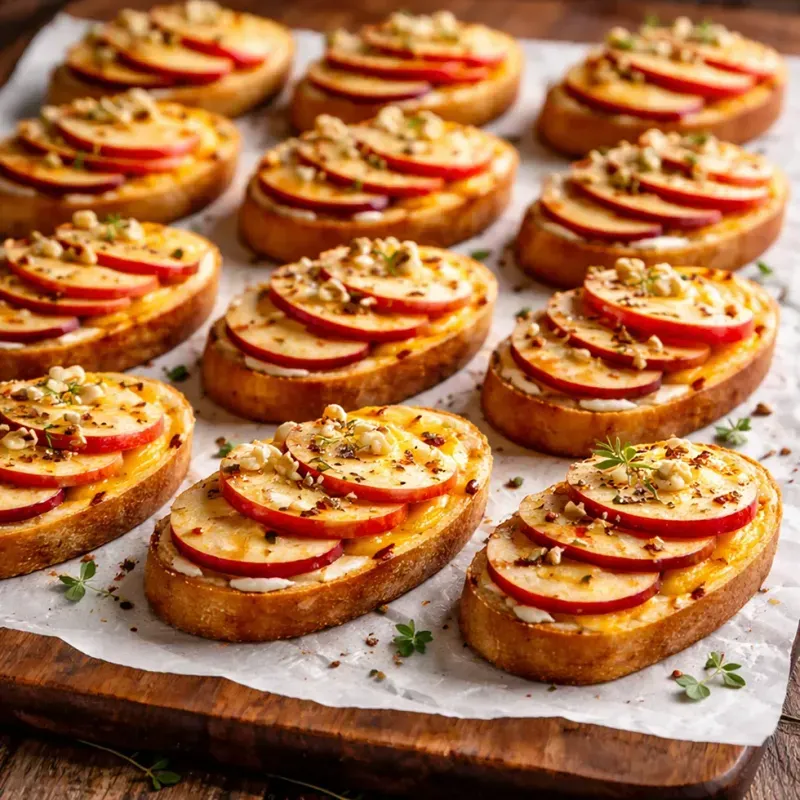 Bruschetta mit dünn geschnittene Äpfel mit würzigem Cheddar-Käse, beträufelt mit Maracuja Dressing. 20 Stück